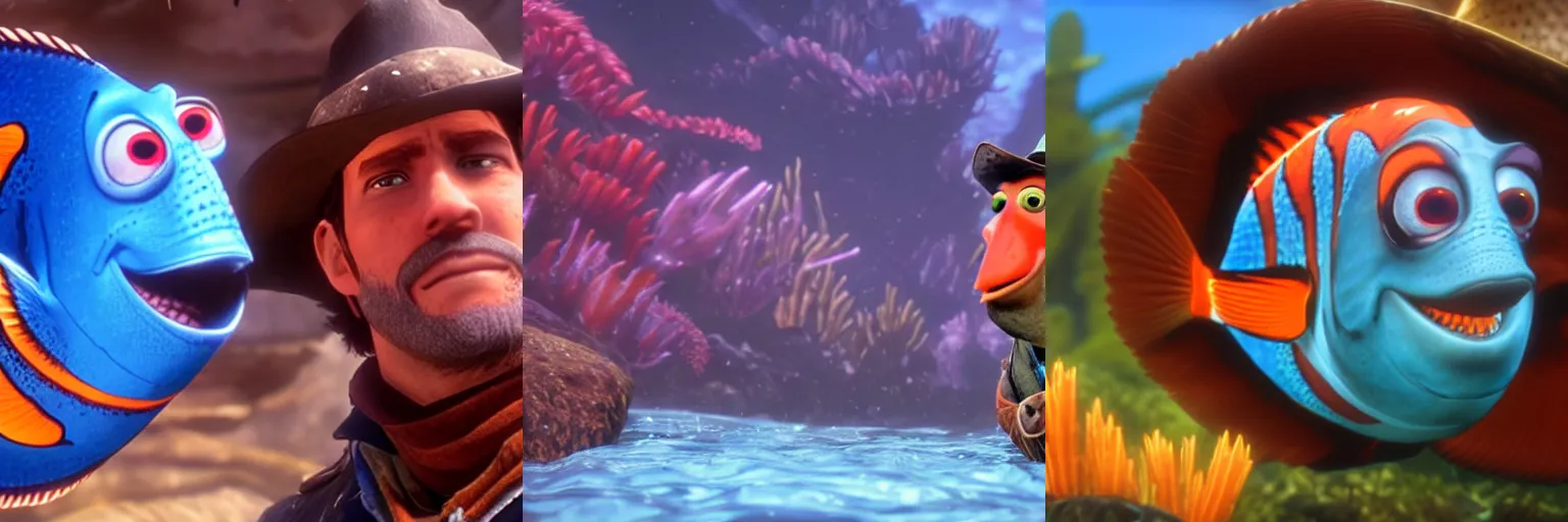 Prompt: Arthur Morgan as a fish in the style of Finding Nemo