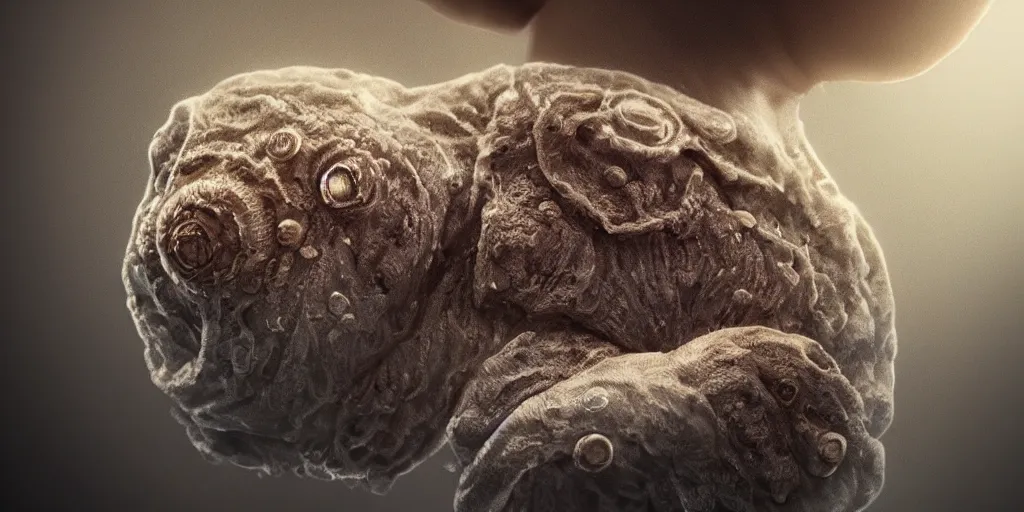 Image similar to Intricate detailed illustration, A tardigrade with the face of a human infant, cinematic lighting, by Philip Hood, wide angle, volumetric light scattering, 8k, artstation, concept art,