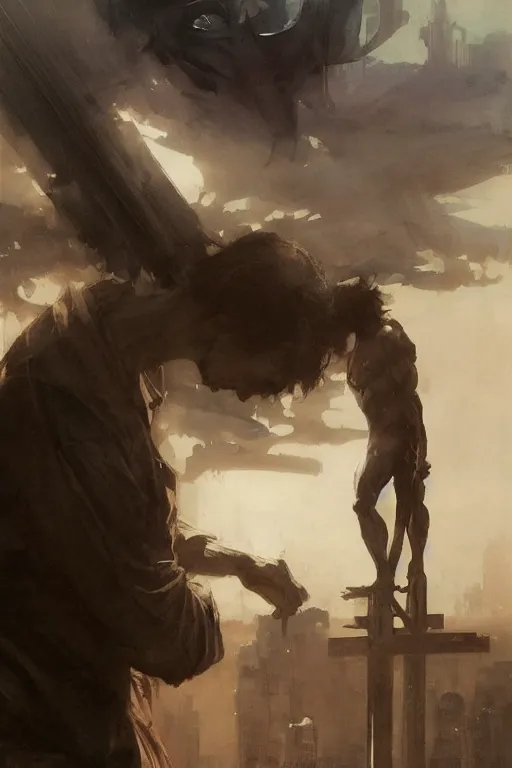 Image similar to man kneeling at the foot of a wooden cross, dramatic lighting art by Yoji Shinkawa by Richard Schmid by greg rutkowski by Sandra Chevrier by Jeremy Lipking cinematic dramatic, by frank miller, illustration by Ruan Jia and Mandy Jurgens and William-Adolphe Bouguereau, Artgerm, 4k, digital art, surreal, space dandy style, highly detailed, godsend, artstation, digital painting, concept art, smooth, sharp focus, illustration by Ruan Jia and Mandy Jurgens and William-Adolphe Bouguereau, Artgerm