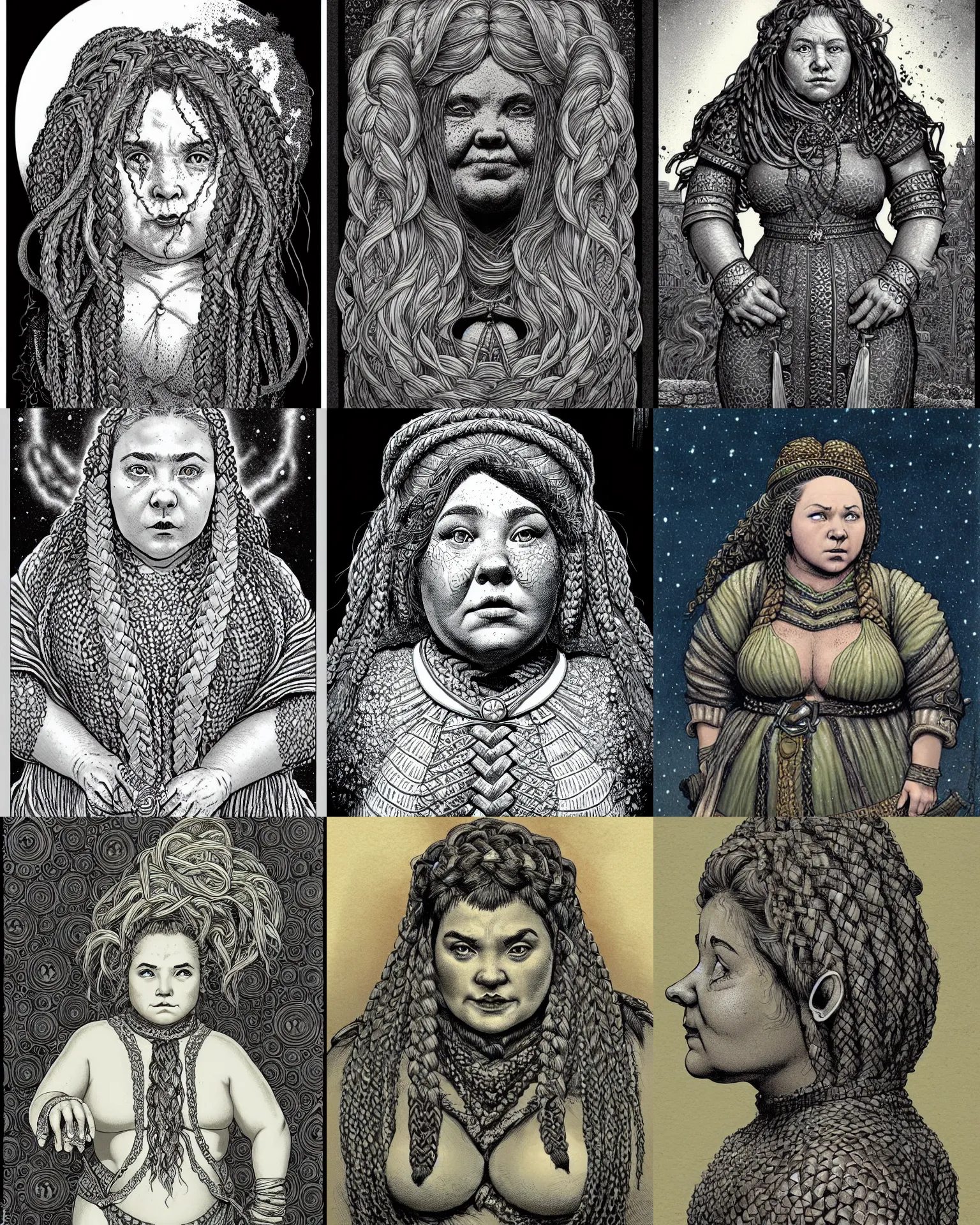 Prompt: female dwarven noblewoman, chubby short stature, braided intricate hair, by dan hillier