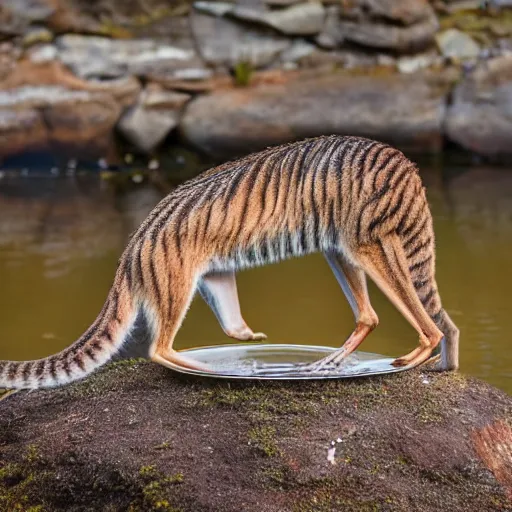 Prompt: close up photo of a rare thylacine, drinking water from a lake in tasmania, bokeh, 1 0 0 mm lens, 4 k award winning nature photography