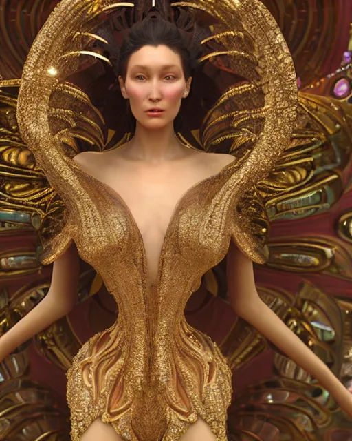 Image similar to a highly detailed metahuman 4 k close up render of an alien goddess bella hadid monument jibaro in iris van herpen dress schiaparelli in diamonds crystals swarovski and jewelry iridescent in style of alphonse mucha gustav klimt trending on artstation made in unreal engine 4