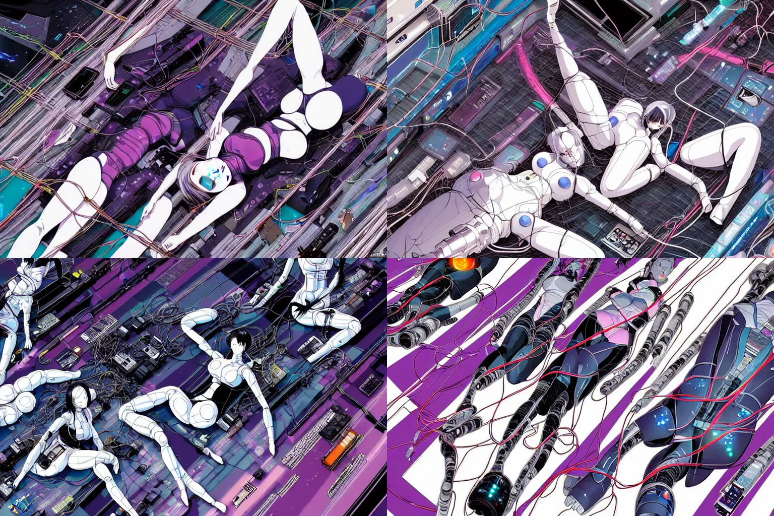 Image similar to a cyberpunk illustration of a group of super coherent female androids in style of yukito kishiro, lying on an abstract, empty, white floor with their body parts scattered around in various poses and cables and wires coming out, by masamune shirow and katsuhiro otomo, hyper-detailed, intricate, colorful, view from above