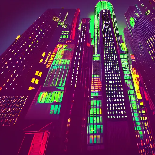 Prompt: cyberpunk dreamscape, tall buildings, neon lights, holographs, nighttime