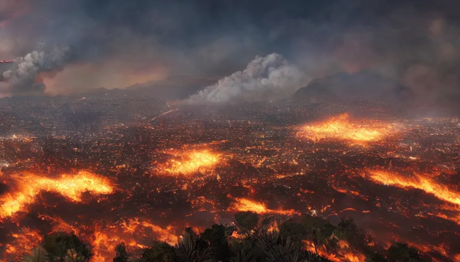 Prompt: wide view from a hill of los angeles on fire with smoke columns, hyperdetailed, artstation, cgsociety, 8 k