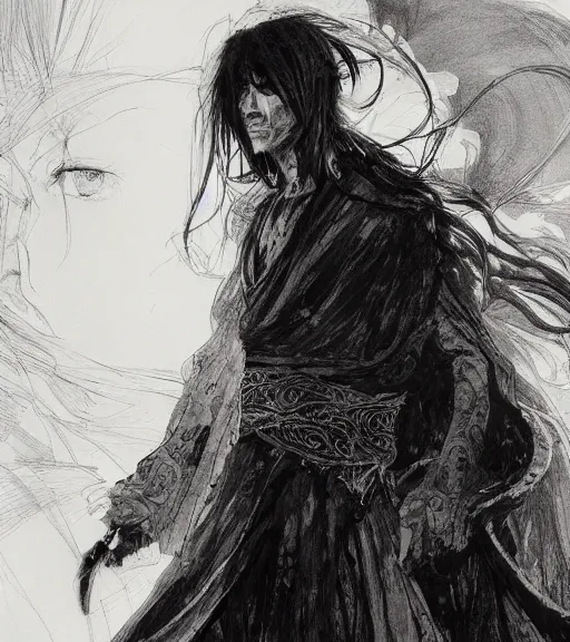 Image similar to portrait of a sinister anime man with long hair wearing a dark robe, pen and ink, intricate line drawings, by craig mullins, ruan jia, kentaro miura, greg rutkowski, loundraw