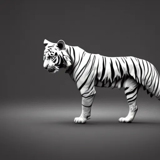 Image similar to a low - poly render of a white tiger in a dynamic action pose dwelling in the spirit realm, low poly 3 d, octane render, dramatic dreamlike lighting