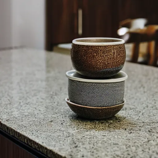 Prompt: three objects stacked on a kitchen countertop