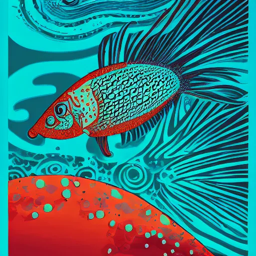 Prompt: one stylized fish in the ocean viewed in profile, seaweed, background with complex patterns, sparkles, artstation, intricate, realistic, highly detailed, digital painting, concept art, sharp focus, illustration by tom whalen and charles williams and kilian eng and james jean