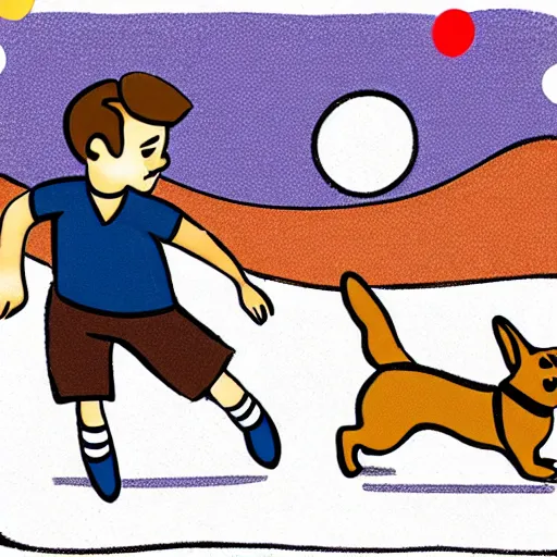 Image similar to illustration of french boy in paris playing football against a corgi, the corgi is wearing a polka dot scarf