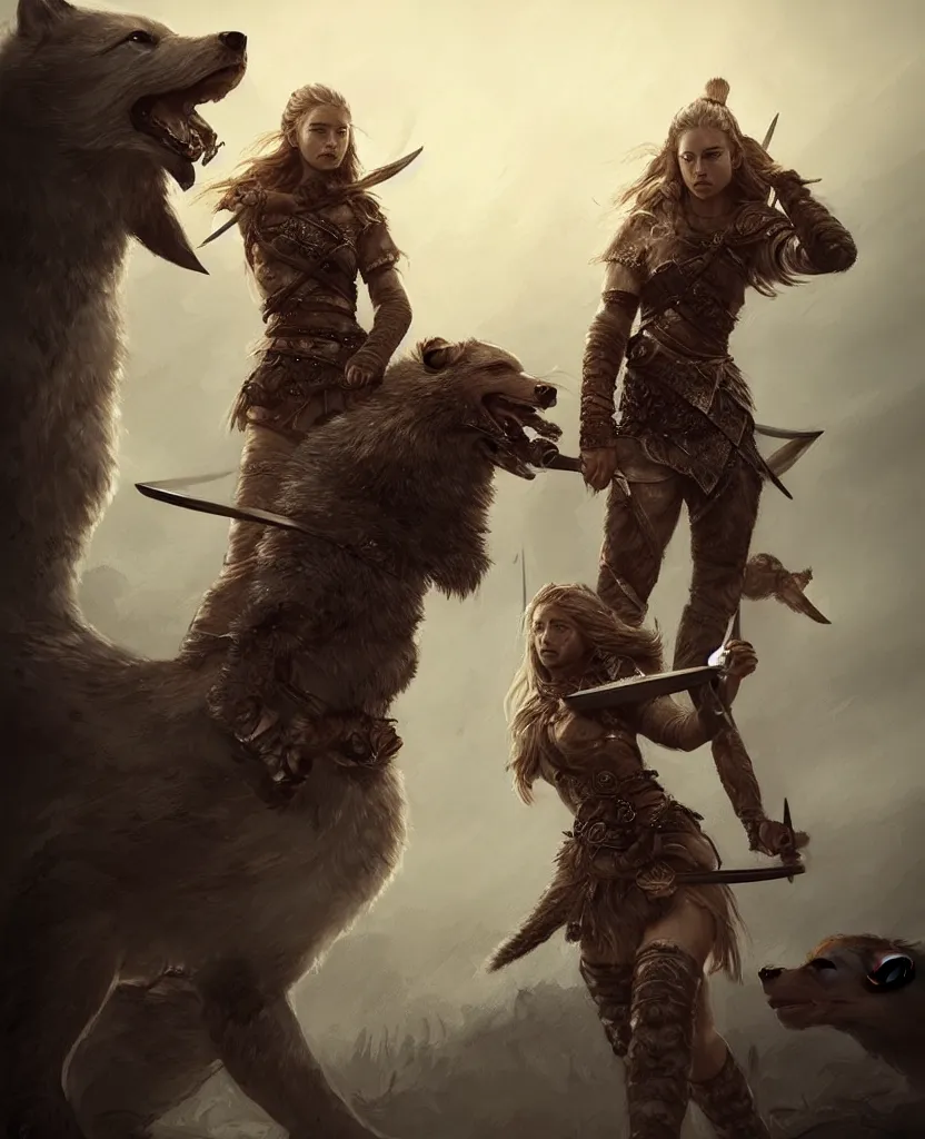 Image similar to a gorgeous!! woman resembling alicia vikander as a viking warrior accompanied by a dire wolf on the battlefield surrounded by the fallen | drawn by wlop, drawn by jeehyung lee, drawn by argerm | intricate, highly detailed, ultra graphics, digital painting, artstation