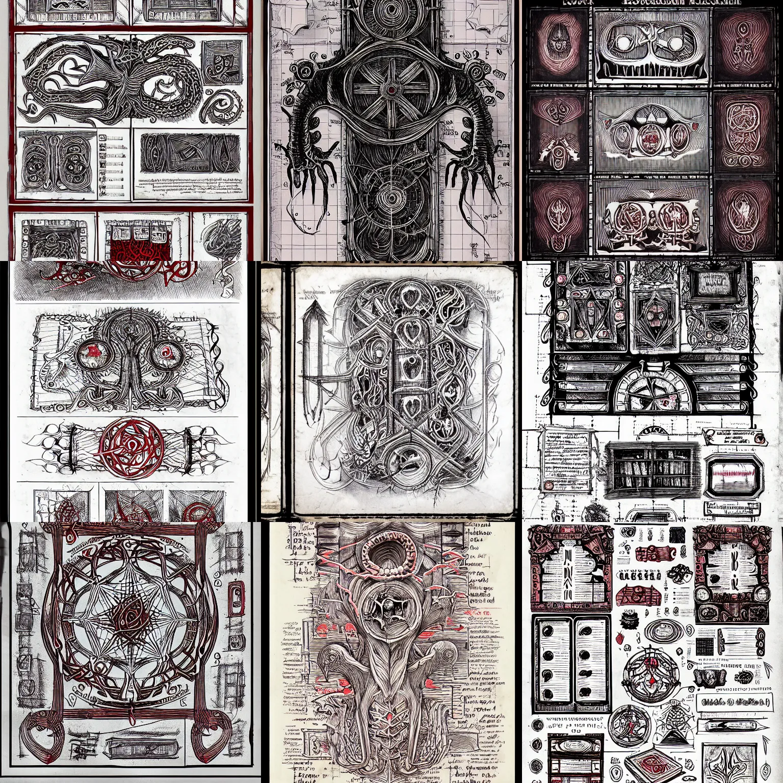 Prompt: lovecraftian Necronomicon hand drawn blueprint drawings of spells, red runes, blueprint red ink, calotype, lost grimoire, found papers, black paper, symmetry, RED writing, decay, full page writings, ornate borders + concept art, intricate writing, artstation, junji ito