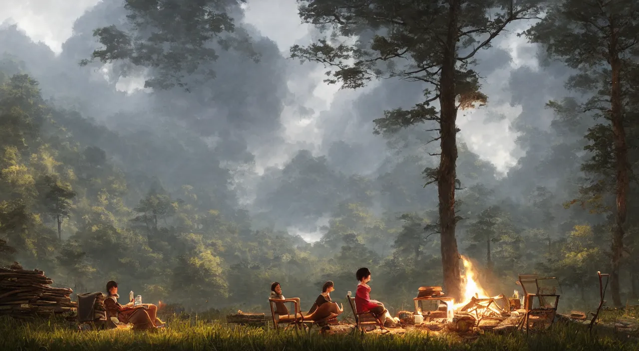 Image similar to A panoramic photograph of a girl with short black hair in a tan tenchcoat sitting on a log and drinking tea by the campfire at night in a grove, large landscape with a village in the valley, ray tracing final fantasy cinematic trailer, Jakub Rozalski