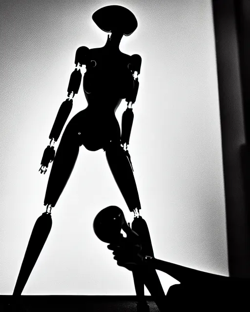 Image similar to black and white high quality photo of a female AI-cyborg-doll looking into a sci-fi mirror, volumetric lighting, hyperdetailed, masterpiece, elegant, dark, in the style of Man Ray,