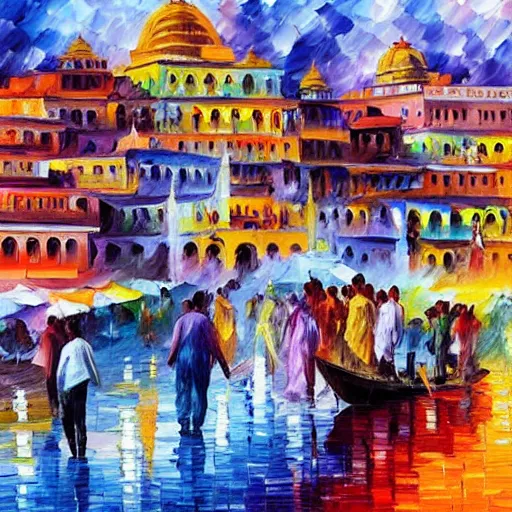 Prompt: People playing holi in Varanasi, with temples in the background, color in the air, Kai Fine Art by Leonid Afremov, by Guy Billoutread