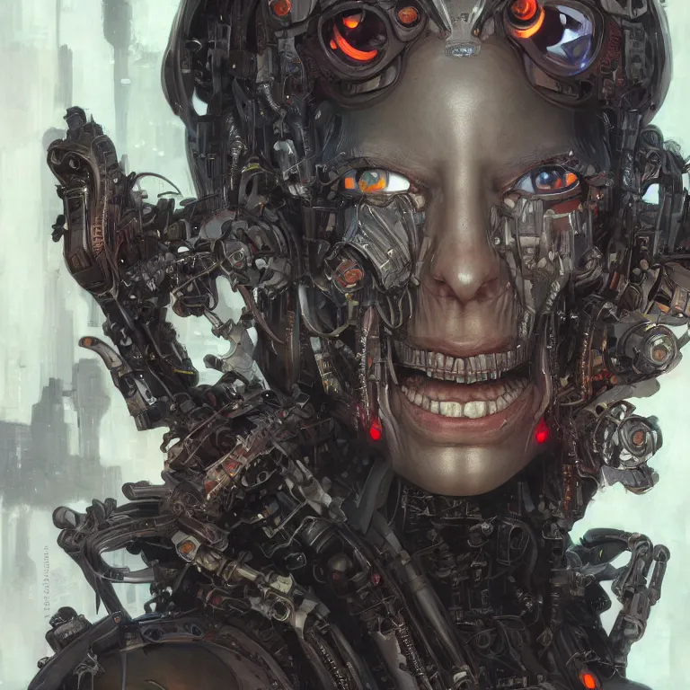 Image similar to portrait of a scary cyborg goblin, cyberpunk, Warhammer, highly detailed, artstation, illustration, art by Gustav Klimt and Range Murata and Ilya Kuvshinov and Sakimichan