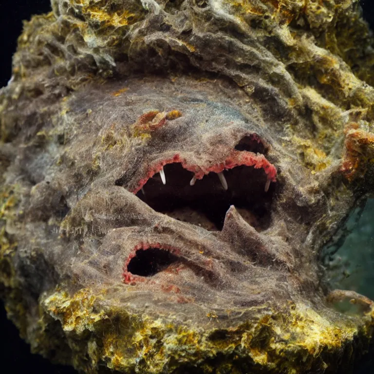 Prompt: Realistic Studio Photograph of a deep sea anglerfish deep underwater, award-winning nature deep sea photography hyperrealism 8k