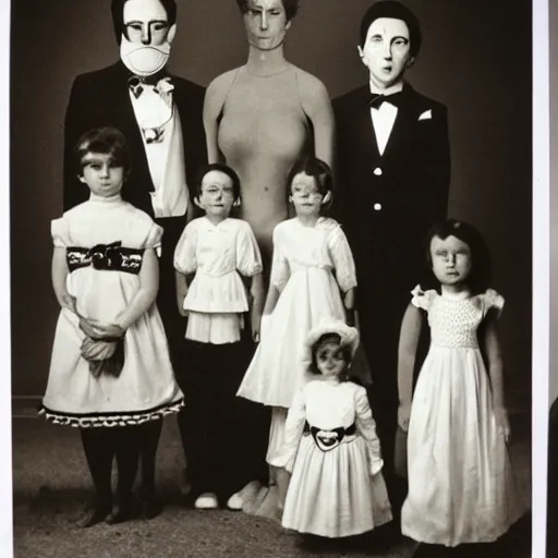 Prompt: a 3 5 mm photograph of a surreal family photograph of people with no heads