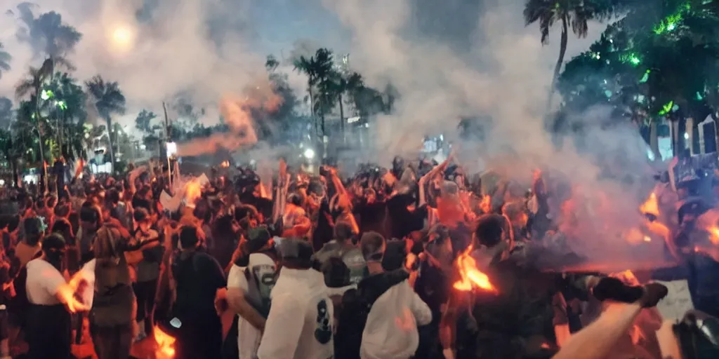 Prompt: protestors throwing Molotov cocktails at Ron DeSantis, vivid, sharp, color film