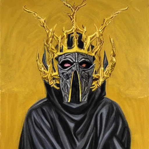 Prompt: eldritch king dressed in mask and robes sitting on a throne, gold yellow and black colour scheme, canvas, oil paint style