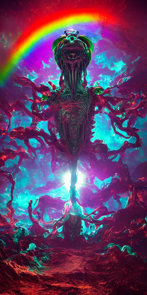 Image similar to impossibly beautiful alien god blots out the sun and unleashes an army of demons on the world, planetary scale, intricate complexity, horror, rainbow drip paint, trending on art station, photoreal, 8k, octane render