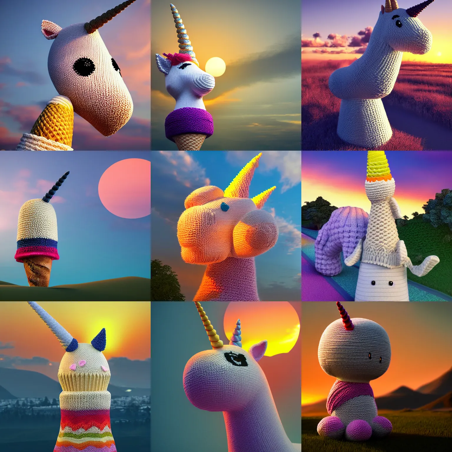 Prompt: a large knitted unicorn holding an ice cream cone at sunset Trending on artstation, featured on Behance, well-rendered, Unreal Engine, 4K HD