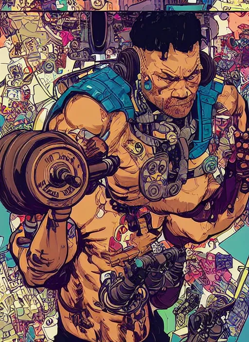 Prompt: buff cyberpunk weight lifter. robotic arm. portrait illustration, pop art, splash painting, art by geof darrow, ashley wood, alphonse mucha, makoto shinkai, laurie greasley, josan gonzales ( apex legends )