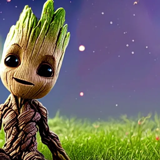 Prompt: baby groot with a cute white dog, sitting in a field, surrounded by fireflies