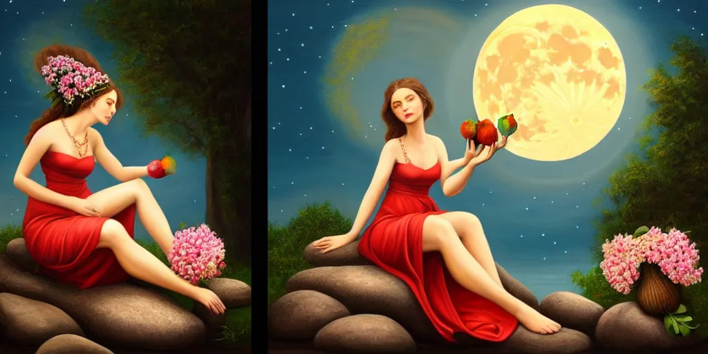 Image similar to very realistic beautiful painting of a goddess holding flowers and levitating a pear, sun on the left moon on the right as she is sitting on a rock at night time, realistic 8K HD