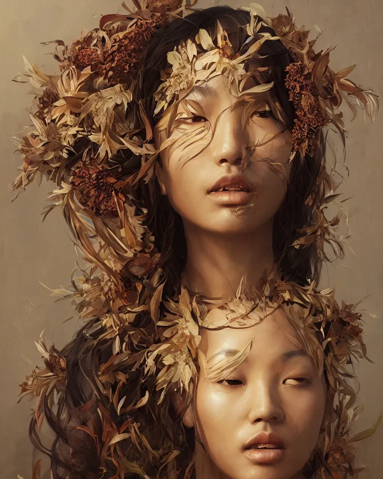 Image similar to a professional portrait of the Sunflower Goddess, tribal and wild Chinese woman, olive skin, beautiful bone structure, symmetrical facial features, intricate, elegant, digital painting, concept art, smooth, sharp focus, illustration, art style by Ruan Jia and Mandy Jurgens and Artgerm and William-Adolphe Bouguerea