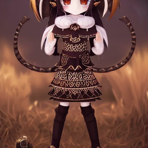 Image similar to cute fumo plush of a goat girl with horns, anime girl, tribal outfit with intricate celtic knot patterns, golden pauldrons, gothic maiden empress, black and white, stark shadows, artstation, vray