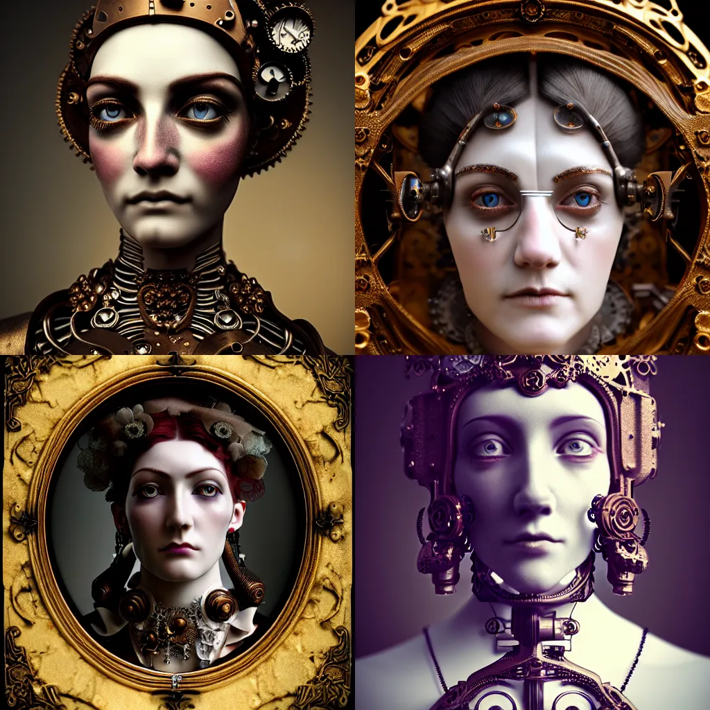 Prompt: beautiful ornate mechanical victorian woman, a cracked porcelain face, steampunk, intricate details, portrait, realistic octane render, shallow depth of field, 8k