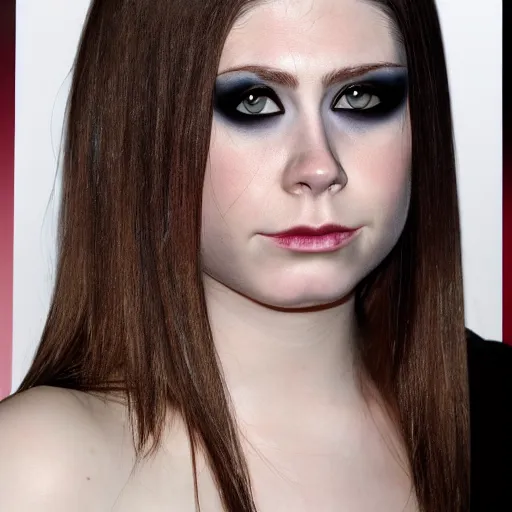 Prompt: semi - long light brunette, lop eared, black eye shadow, small nose, small mouth, triangle shaped face, avril lavigne face shape