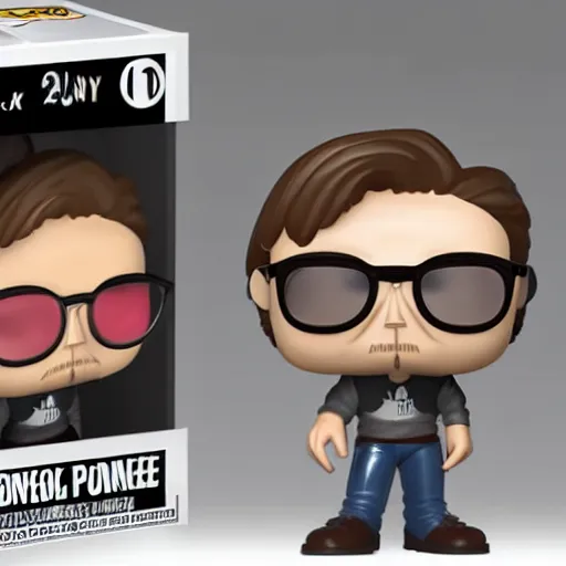 Prompt: a funko pop of german young man with long light brownish hair a very short goatee and light round glasses wearing a gray hoodie and a white tshirt, in a funko pop box that says ultra