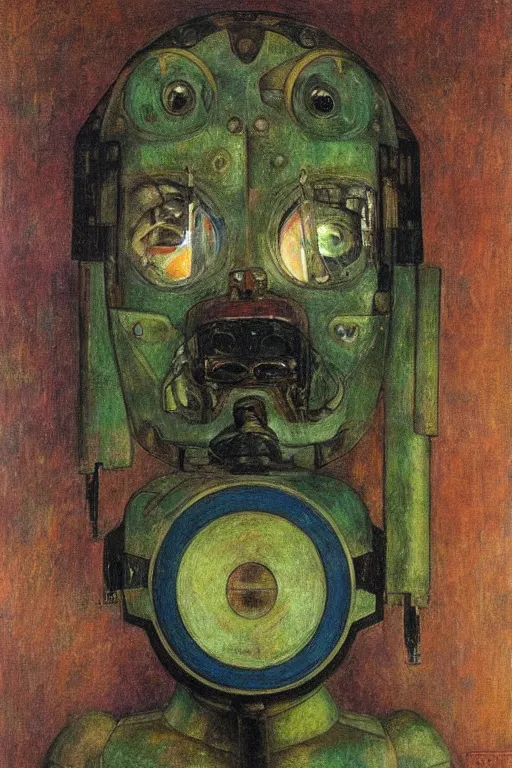 Image similar to the robot in her mechanical mask,by Annie Swynnerton and Diego Rivera, symbolist, dramatic lighting, elaborate geometric ornament, Art Brut, bioluminescent, soft blues and greens,smooth, sharp focus, extremely detailed, Adolf Wölfli