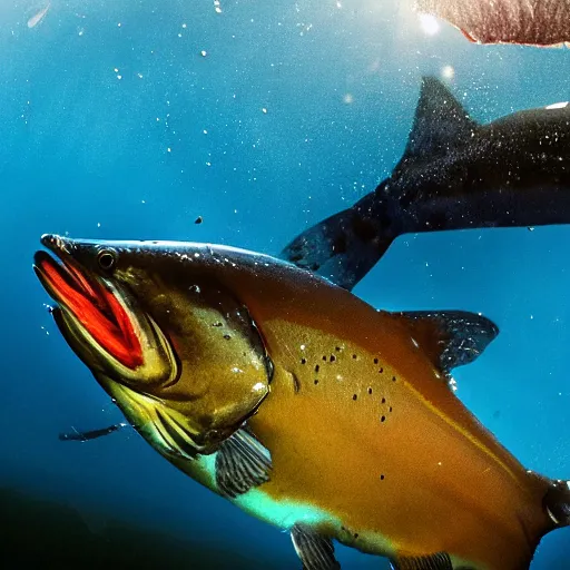 Prompt: photorealistic close up underwater image of an atlantic salmon just about to bite on a fishing fly