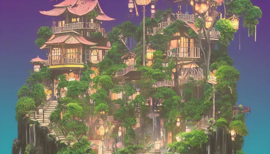 Prompt: A secret dreamy Japanese Victorian style cozy cabin cafe neighborhood city behind a waterfall with many glowing lanterns and ornate creative decorations by Gucci, lush plants and bonsai trees, fashionable people walking around, mossy rocks, bookshelves, floating koi fish, magical feeling vibes, hidden tiny houses, style by Wes Anderson and James Jean, trending on artstation