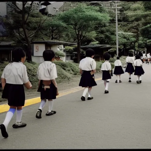 Prompt: Japanese school children walking to school