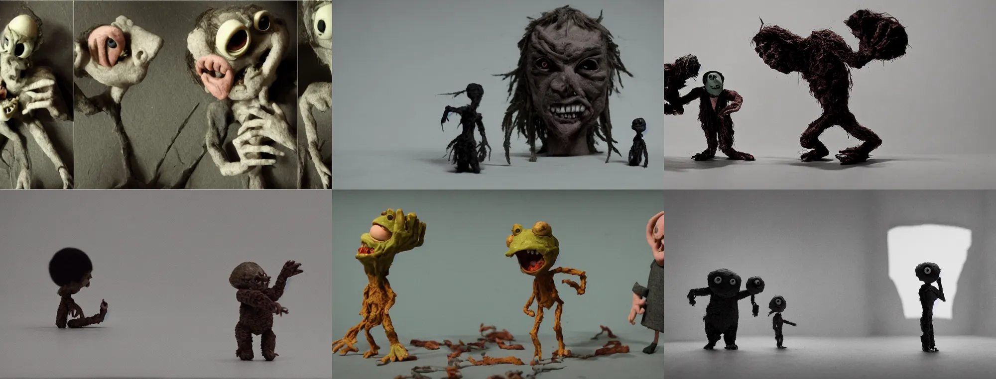 Prompt: monster metamorphosis, minimalistic and creepy M-rated claymation film