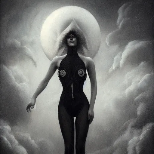 Image similar to By Tom Bagshaw, ultra realist soft painting of curiosities carnival by night, very beautiful single star in bodysuit, symmetry accurate features, very intricate details, ominous sky, black and white, volumetric light clouds