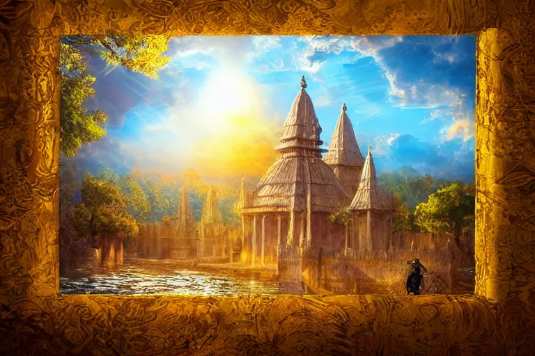 Prompt: knight, temple, fantasy, painting, ultra realistic!!!, clear weather, golden hour, sharp focus