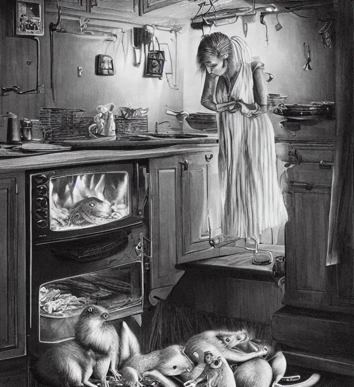 Prompt: black and white photo of a beauty woman puts a big rat in the oven 90s by Laurie Lipton, high detailed, realistic,dark surrealism, hyper detailed