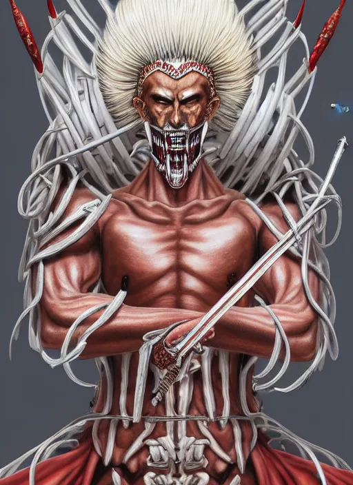 Prompt: a 3 / 4 ths view portrait of xi jingping as the founding titan from shingeki no kyojin and a confident expression, ornate, concept art, intricate details, highly detailed, smooth, sharp focus, illustration, 8 k, muscular, veiny, bone structure. bloody. super detailed manga. art by hajime izayama