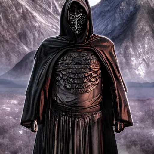 Prompt: a realistic full body of Konnor, a dragonblood, a black hood with black robes, extremely realistic and detailed, standing in front of a mountain