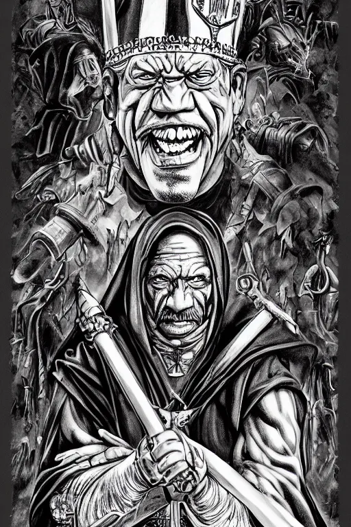 Image similar to Danny Trejo as church nun, dark fantasy, highly detailed, artstation, manga illustration by Kentaro Miura berserk