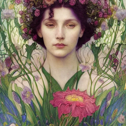 Prompt: queen of flowers, by annie swynnerton and charlie bowater and tino rodriguez and nicholas roerich and jean delville and evelyn de morgan, dramatic lighting, floral tattoos, rich colors, smooth sharp focus, extremely detailed, donato giancola, adolf wolfli