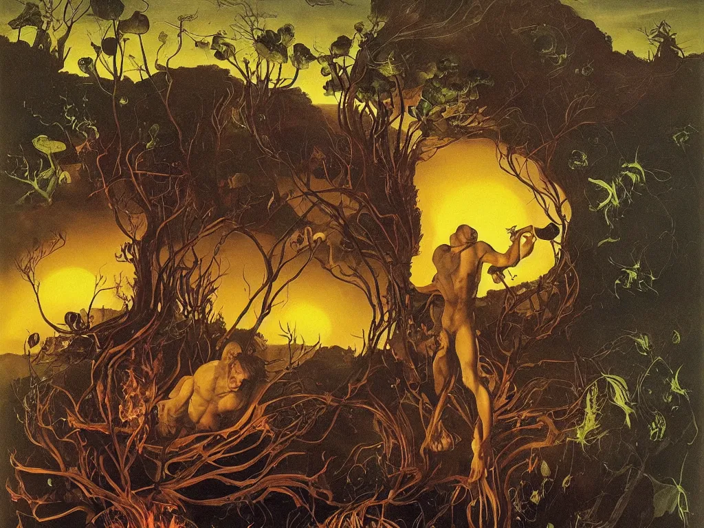 Prompt: Tormented man holding a flame with the strange reptile, diaphanous, fungi, ivy creatures of Neptune. Surreal, melancholic, vortex river, fumes, far away sunset. Painting by Caravaggio, Roger Dean