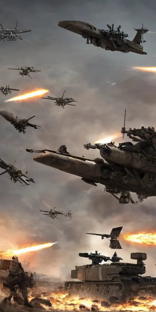 Image similar to concept art, world war iii, war scenes, super wide - angle, uav, soldiers'remote command, special forces'launching kinetic energy weapons, launching tracking missiles, armor piercing missiles, drag light bombs, backlight, cyberpunk, future technology, smooth lines, high details, 8 k, octane rendering, unreal engine.