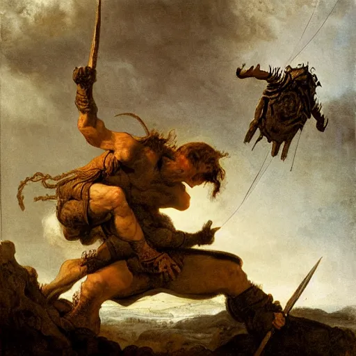 Prompt: samwise gamgi fighting shelob the giant spider queen, painting by gustave courbet, high detail, claude joseph vernet, rembrandt, museum painting, masterpiece