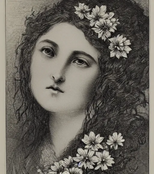 Prompt: black and white, close-up woman eyes in flowers, Gustave Dore lithography